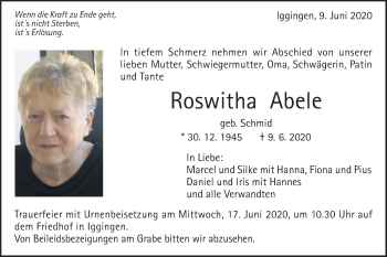 Traueranzeige von Roswitha Abele von Gmünder Tagespost