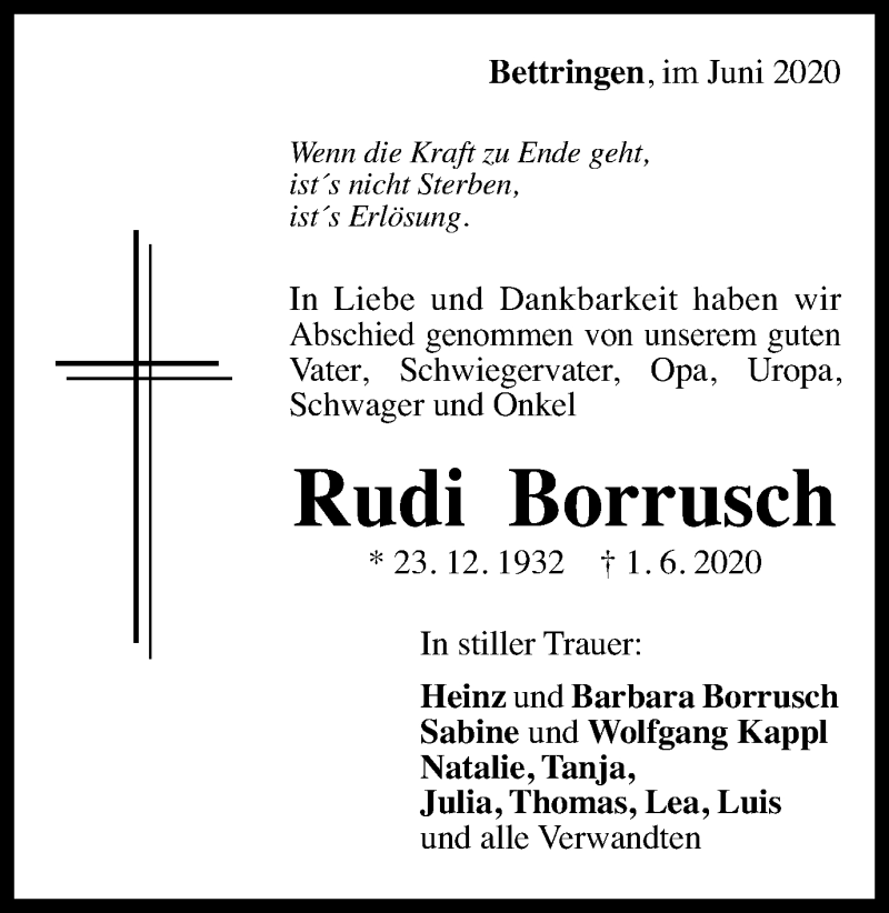  Traueranzeige für Rudi Borrusch vom 06.06.2020 aus Gmünder Tagespost