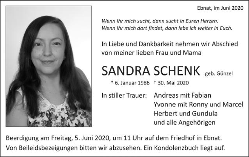  Traueranzeige für Sandra Schenk vom 03.06.2020 aus Schwäbische Post