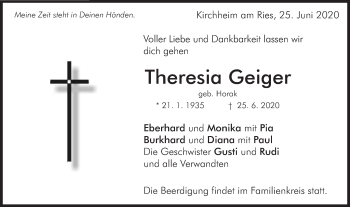 Traueranzeige von Theresia Geiger von Schwäbische Post