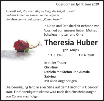 Traueranzeige von Theresia Huber von Schwäbische Post