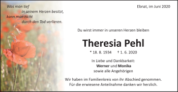Traueranzeige von Theresia Pehl von Schwäbische Post