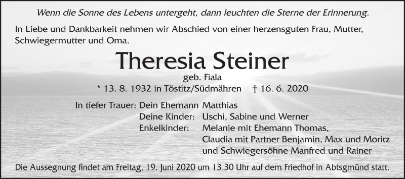  Traueranzeige für Theresia Steiner vom 19.06.2020 aus Schwäbische Post