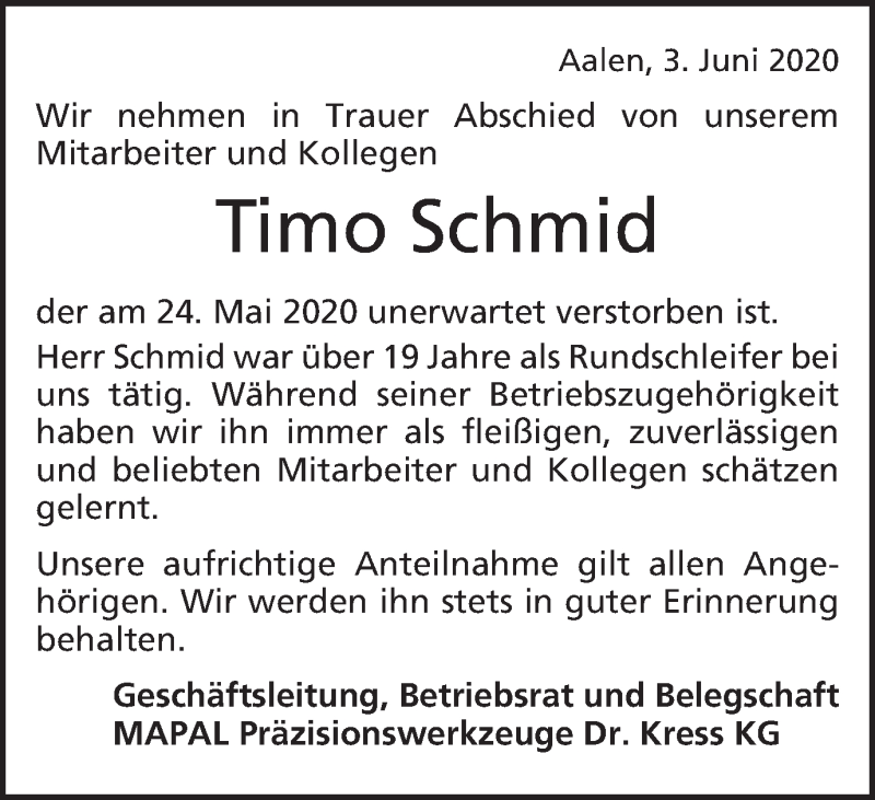  Traueranzeige für Timo Schmid vom 03.06.2020 aus Schwäbische Post