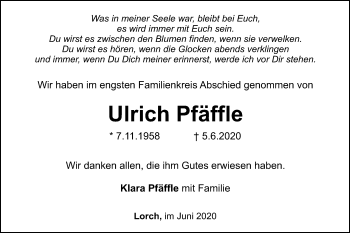 Traueranzeige von Ulrich Pfäffle von Gmünder Tagespost