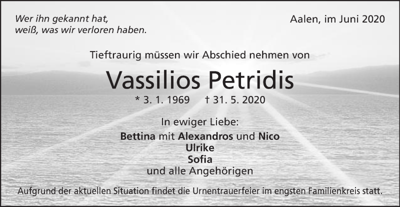  Traueranzeige für Vassilios Petridis vom 05.06.2020 aus Schwäbische Post