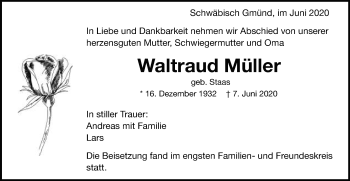 Traueranzeige von Waltraud Müller von Gmünder Tagespost