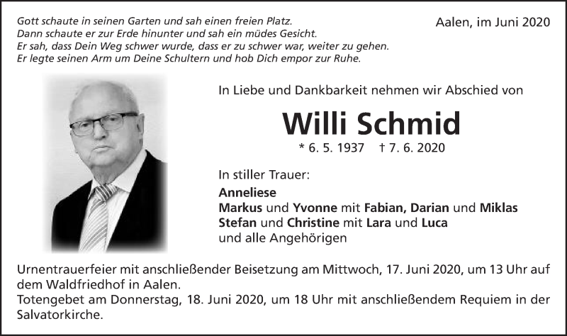  Traueranzeige für Willi Schmid vom 12.06.2020 aus Schwäbische Post