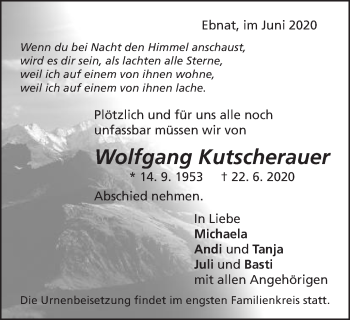 Traueranzeige von Wolfgang Kutscherauer von Schwäbische Post