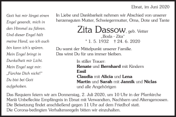 Traueranzeige von Zita Dassow von Schwäbische Post