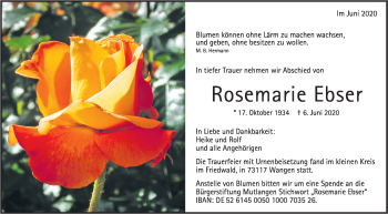Traueranzeige von Rosemarie Ebser von Gmünder Tagespost