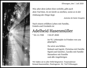 Traueranzeige von Adelheid Hasenmüller von Schwäbische Post