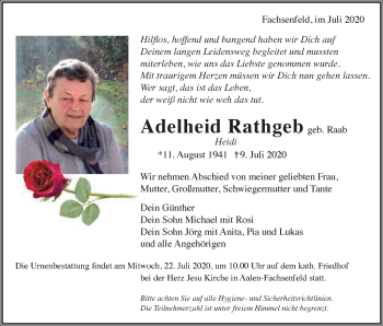 Traueranzeige von Adelheid Rathgeb von Schwäbische Post