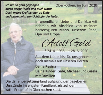 Traueranzeige von Adolf Gold von Amtsblatt_Oko