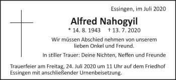 Traueranzeige von Alfred Nahogyil von Schwäbische Post