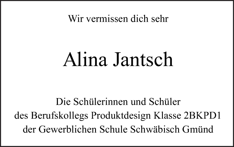  Traueranzeige für Alina  Jantsch vom 22.07.2020 aus Gmünder Tagespost