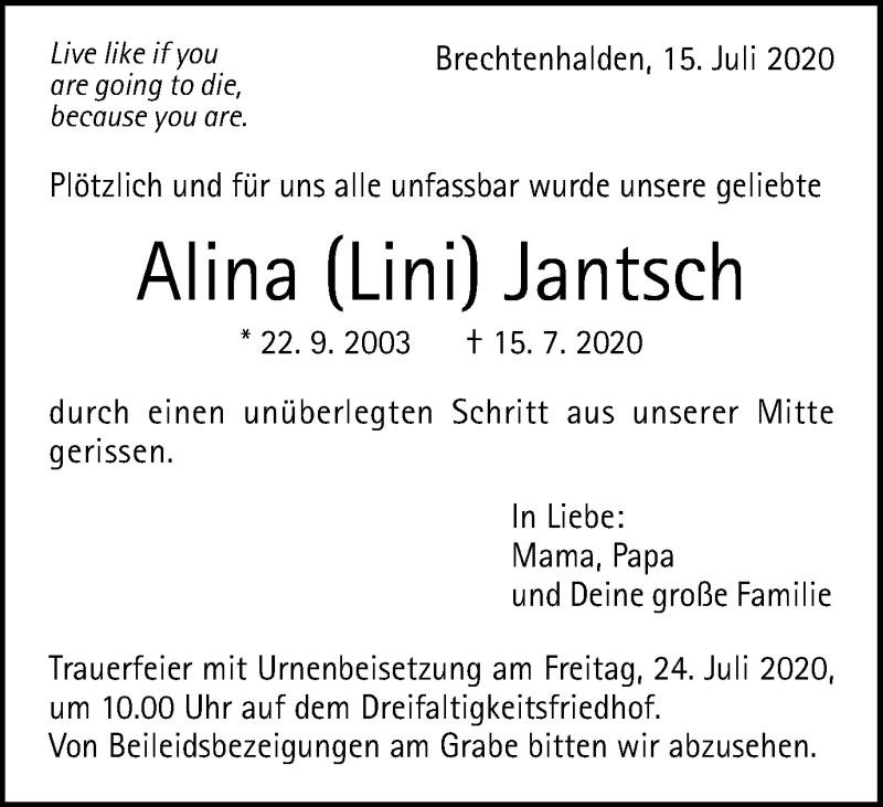  Traueranzeige für Alina  Jantsch vom 21.07.2020 aus Gmünder Tagespost