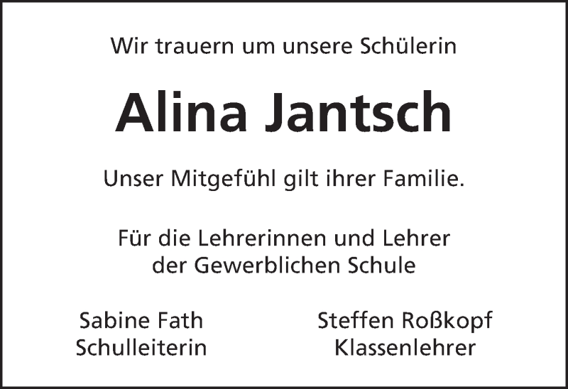 Traueranzeige für Alina  Jantsch vom 22.07.2020 aus Gmünder Tagespost