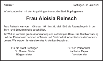 Traueranzeige von Aloisa Reinsch von Bopfinger Stadtanzeiger
