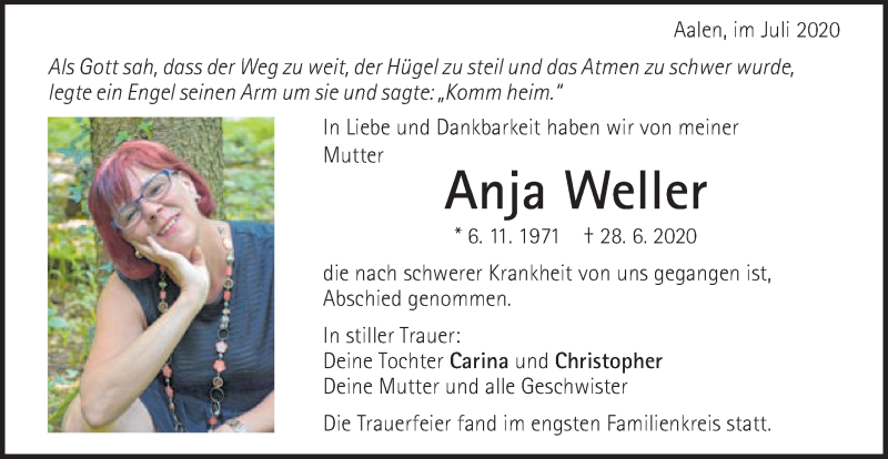  Traueranzeige für Anja Weller vom 10.07.2020 aus Schwäbische Post