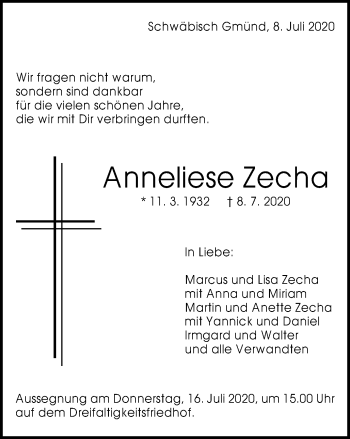 Traueranzeige von Anneliese Zecha von Gmünder Tagespost