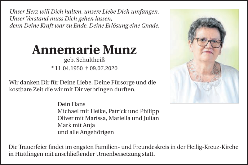  Traueranzeige für Annemarie Munz vom 15.07.2020 aus Schwäbische Post