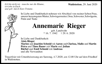 Traueranzeige von Annemarie Rieger von Gmünder Tagespost