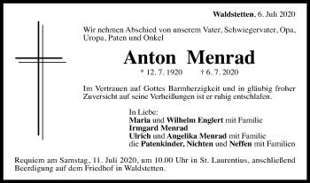 Traueranzeige von Anton Menrad von Gmünder Tagespost