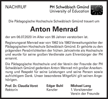 Traueranzeige von Anton Menrad von Gmünder Tagespost