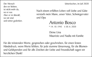 Traueranzeige von Antonio Bosco von Schwäbische Post