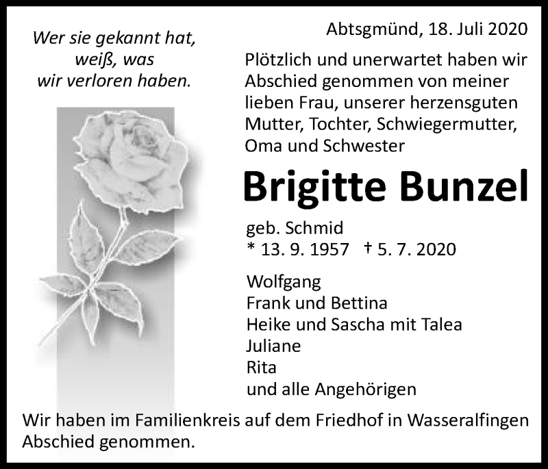  Traueranzeige für Brigitte Bunzel vom 18.07.2020 aus Schwäbische Post
