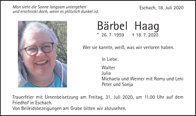  Traueranzeige für Bärbel Haag vom 28.07.2020 aus Gmünder Tagespost