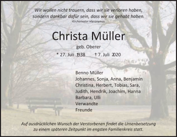 Traueranzeige von Christa Müller von Schwäbische Post