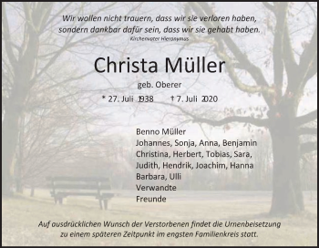 Traueranzeige von Christa Müller