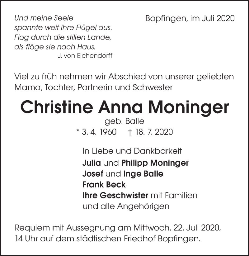  Traueranzeige für Christine Anna Moninger vom 20.07.2020 aus Schwäbische Post