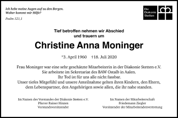 Traueranzeige von Christine Anna Moninger von Schwäbische Post