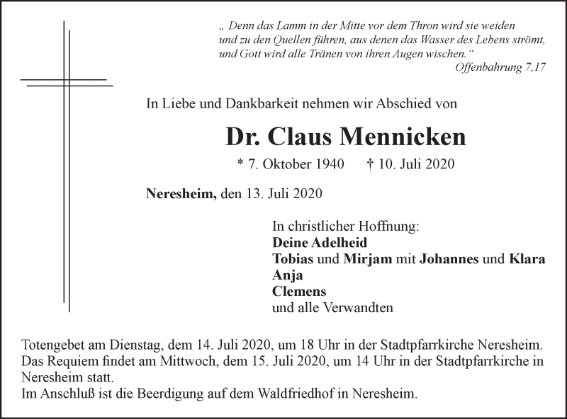  Traueranzeige für Claus Mennicken vom 13.07.2020 aus Schwäbische Post