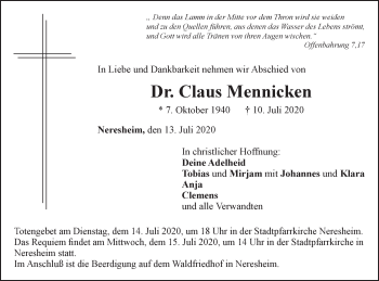 Traueranzeige von Claus Mennicken von Schwäbische Post