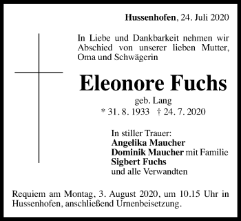 Traueranzeige von Eleonore Fuchs von Gmünder Tagespost