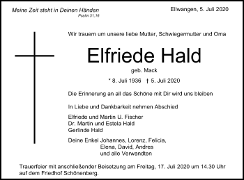 Traueranzeige von Elfriede Hald von Schwäbische Post