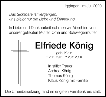 Traueranzeige von Elfriede König von Gmünder Tagespost