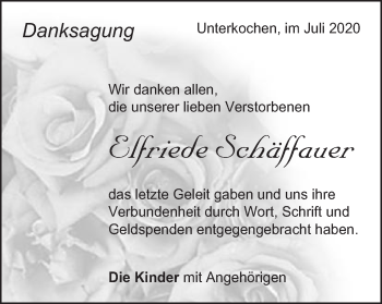 Traueranzeige von Elfriede Schäffauer von Schwäbische Post
