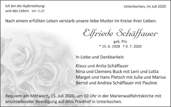 Traueranzeige von Elfriede Schäffauer von Schwäbische Post