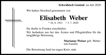 Traueranzeige von Elisabeth Weber von Gmünder Tagespost