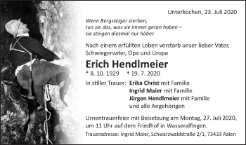 Traueranzeige von Erich Hendlmeier von Schwäbische Post