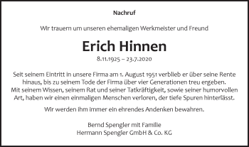 Traueranzeige von Erich Hinnen von Schwäbische Post