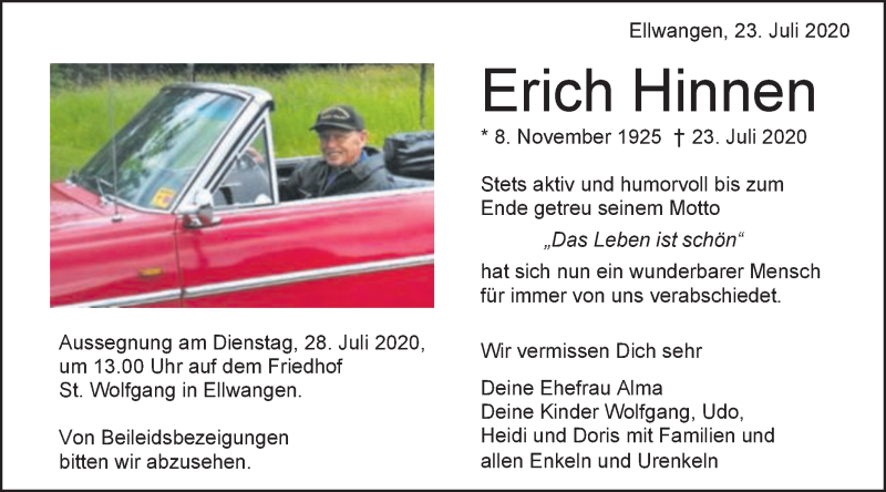  Traueranzeige für Erich Hinnen vom 25.07.2020 aus Schwäbische Post