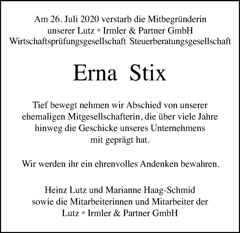  Traueranzeige für Erna Stix vom 29.07.2020 aus Gmünder Tagespost