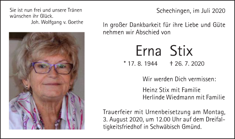  Traueranzeige für Erna Stix vom 29.07.2020 aus Gmünder Tagespost