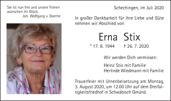 Traueranzeige von Erna Stix von Gmünder Tagespost